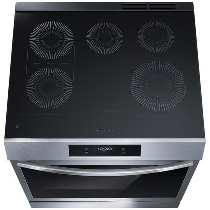 Galería 30 pulgadas 6.2 pies cúbicos. Cocina de inducción deslizable con 5 quemadores, con convección total y freidora de aire, acero inoxidable a prueba de manchas