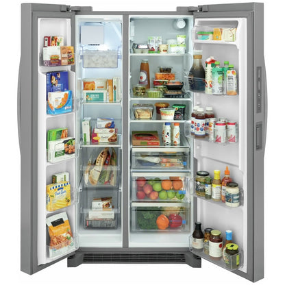Refrigerador de dos puertas verticales de 36 pulgadas y 26 pies cúbicos de profundidad estándar en acero inoxidable con dispensador de agua interno.
