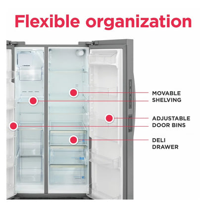 Refrigerador de dos puertas verticales de 36 pulgadas y 26 pies cúbicos de profundidad estándar en acero inoxidable con dispensador de agua interno.
