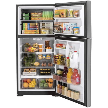 Refrigerador de 21.9 pies cúbicos con congelador superior en acero inoxidable resistente a huellas dactilares, listo para garaje