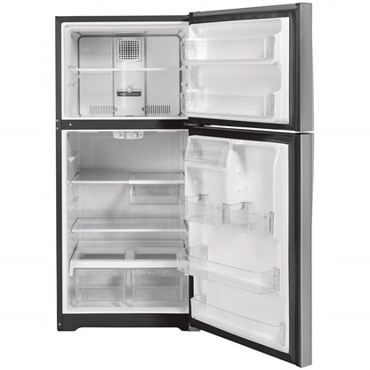 Refrigerador de 21.9 pies cúbicos con congelador superior en acero inoxidable resistente a huellas dactilares, listo para garaje