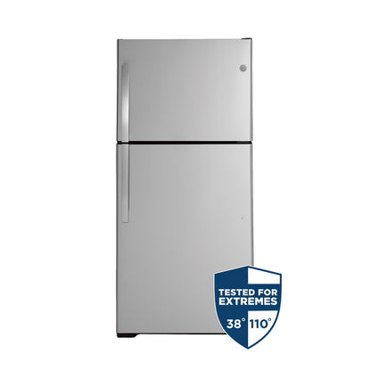 Refrigerador de 21.9 pies cúbicos con congelador superior en acero inoxidable resistente a huellas dactilares, listo para garaje