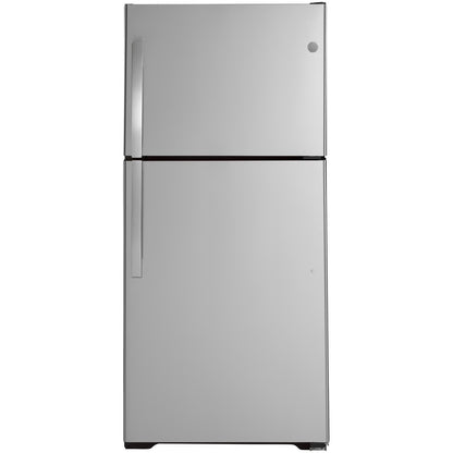 Refrigerador de 21.9 pies cúbicos con congelador superior en acero inoxidable resistente a huellas dactilares, listo para garaje