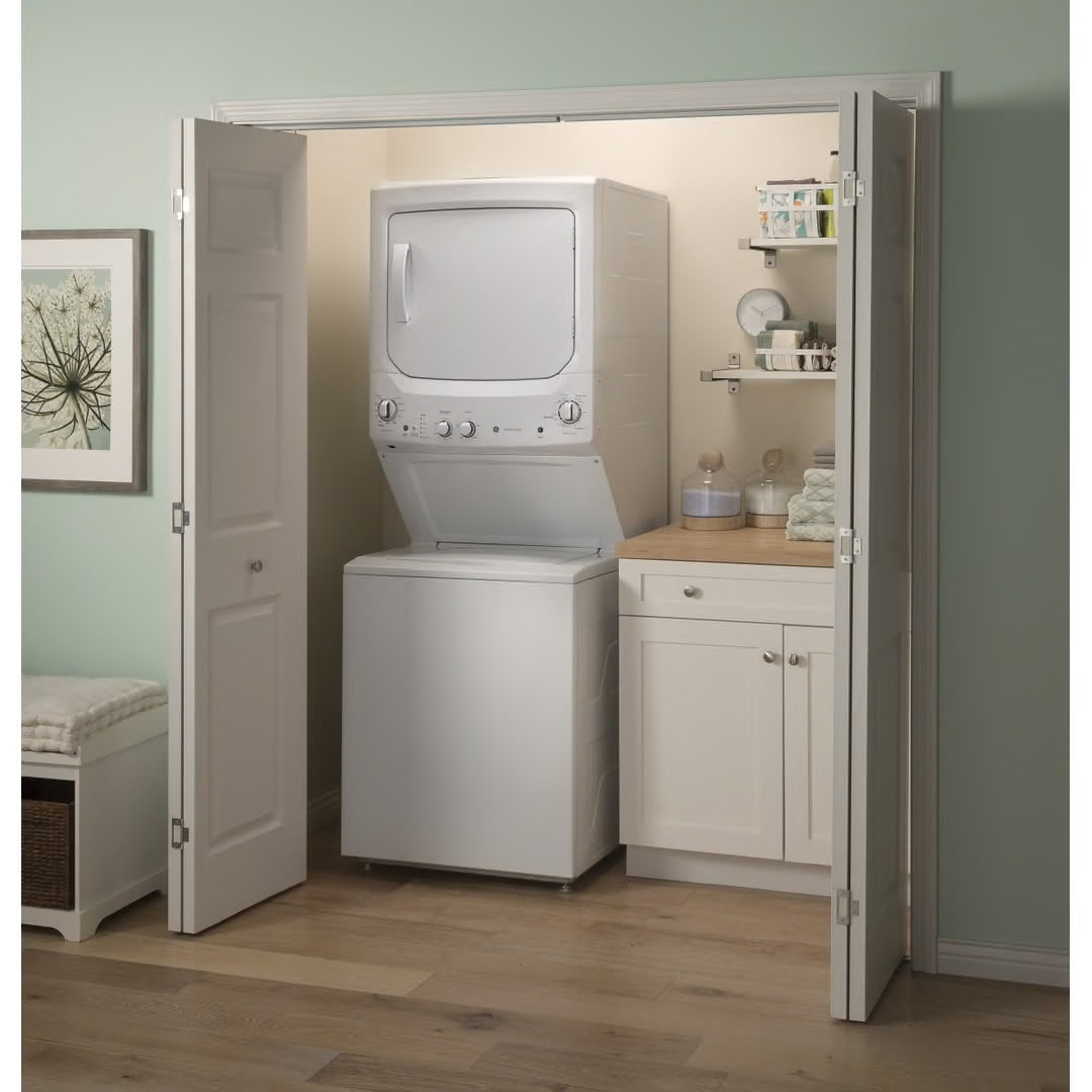 GE Stacked Laundry Center with 3.8-cu ft Top load Washer and Electric 5.9-cu ft Dryer