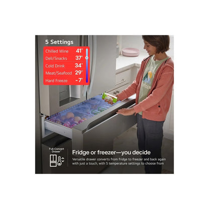 Refrigerador de 30 pies cúbicos con puerta francesa, 4 puertas, puerta en puerta, cajón convertible, hielo artesanal en acero inoxidable PrintProof
