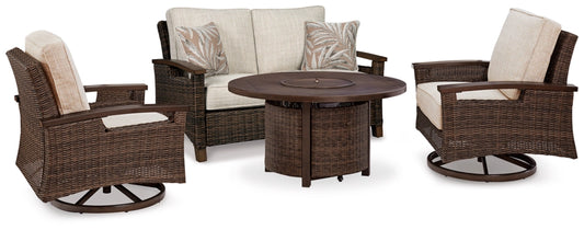 Outdoor Loveseat and 2 Lounge Chairs With Fire Pit Table