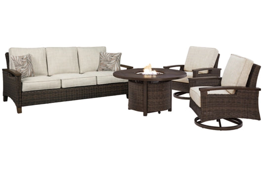 Outdoor Sofa and 2 Lounge Chairs With Fire Pit Table