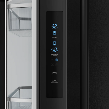Refrigerador Gordon Ramsay de 17.5 pies cúbicos, 3 puertas, puerta francesa, con máquina de hielo y dispensador de hielo (negro mate), con certificación ENERGY STAR