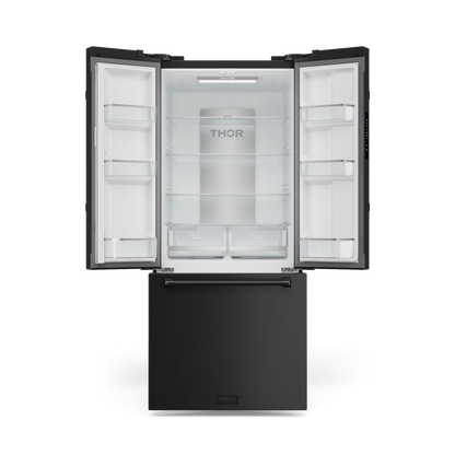 Refrigerador Gordon Ramsay de 17.5 pies cúbicos, 3 puertas, puerta francesa, con máquina de hielo y dispensador de hielo (negro mate), con certificación ENERGY STAR