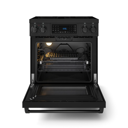 Horno de convección con freidora de aire de 30 pulgadas y 5 quemadores, serie Gordon Ramsay, cocina eléctrica independiente de 4.55 pies cúbicos (negro mate)