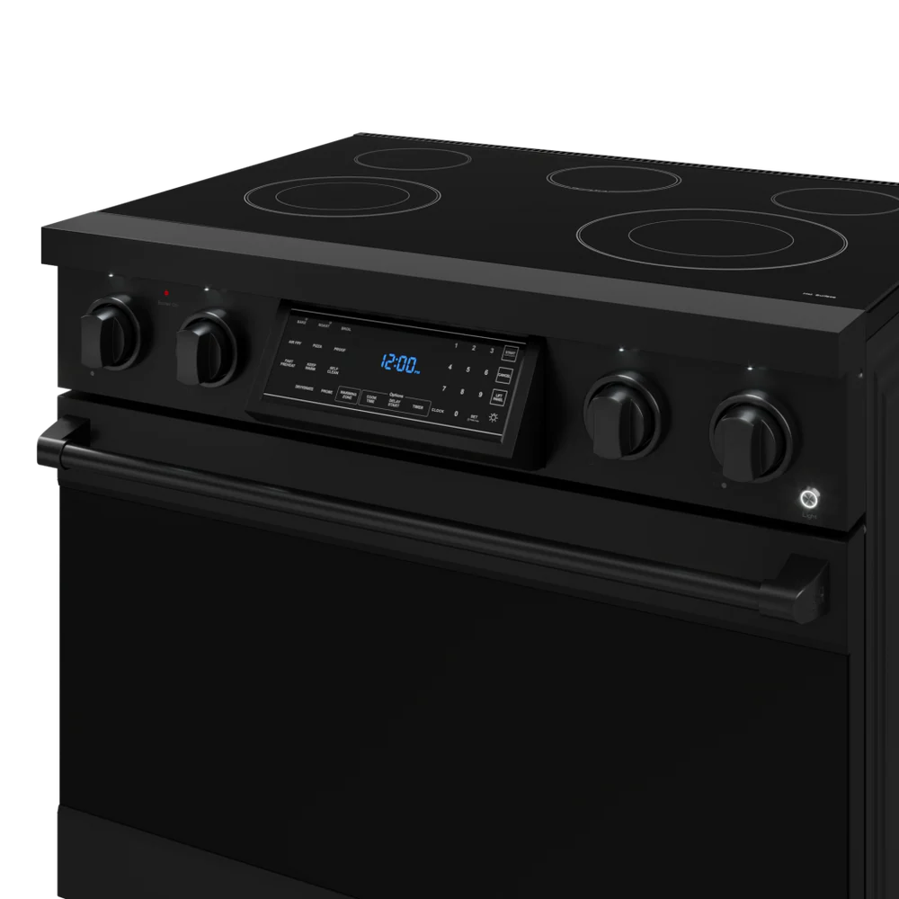 Gordon Ramsay Series 36-in Glass Top 5 burners 6-cu ft Air Fry Convection Oven Freestanding Electric Range (Matte Black)