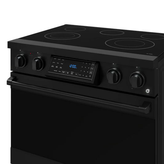 Gordon Ramsay Series 36-in Glass Top 5 burners 6-cu ft Air Fry Convection Oven Freestanding Electric Range (Matte Black)