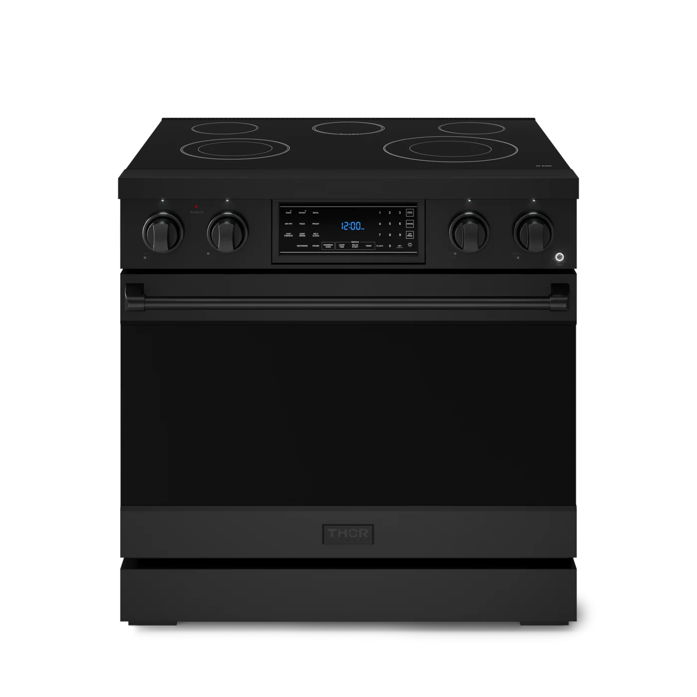 Gordon Ramsay Series 36-in Glass Top 5 burners 6-cu ft Air Fry Convection Oven Freestanding Electric Range (Matte Black)