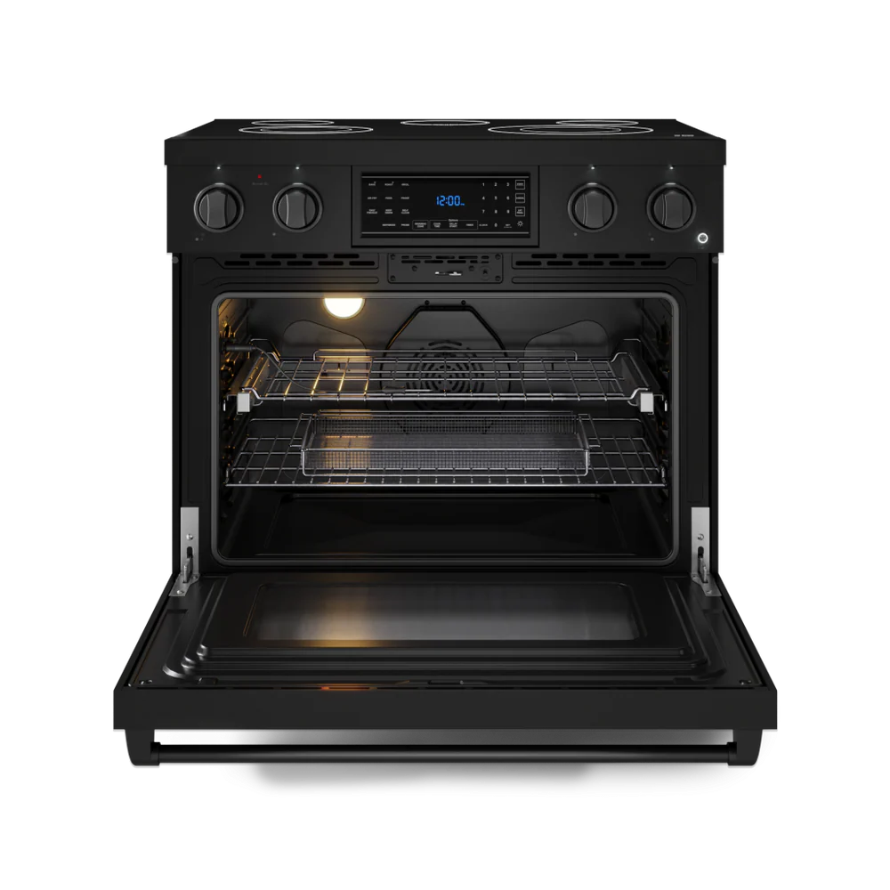 Gordon Ramsay Series 36-in Glass Top 5 burners 6-cu ft Air Fry Convection Oven Freestanding Electric Range (Matte Black)