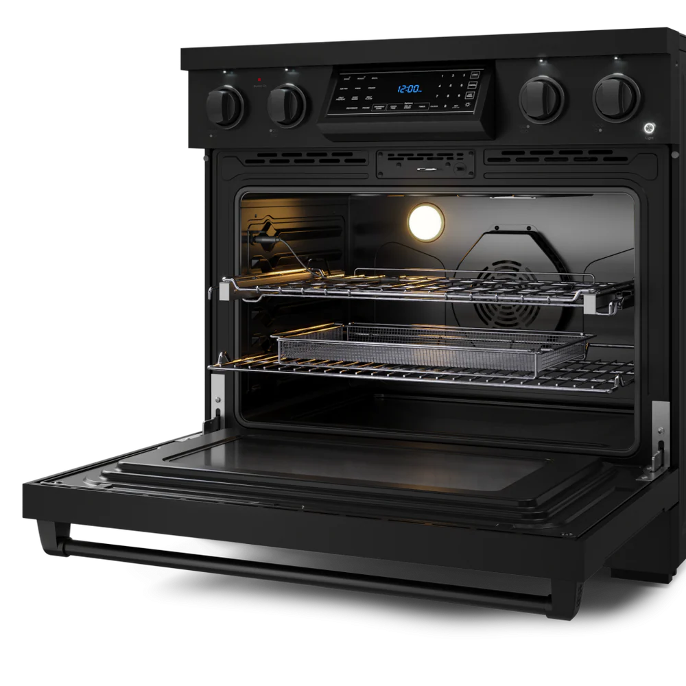 Gordon Ramsay Series 36-in Glass Top 5 burners 6-cu ft Air Fry Convection Oven Freestanding Electric Range (Matte Black)