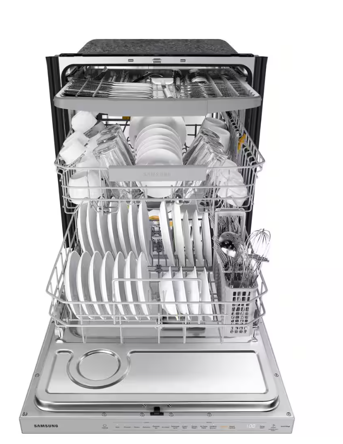 Bespoke 24 in White Glass Top Control Smart Built-In Tall Tub Dishwasher with Stainless Steel Tub and AutoRelease, 42dBA