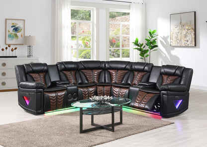 U56 - 3 Piece Power Sectional With Bluetooth Speaker, And Wireless Charger, Multi Color LED - Black / Brown