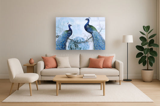 Tempered Glass With Foil & Rhinestones - Peacocks - Light Blue