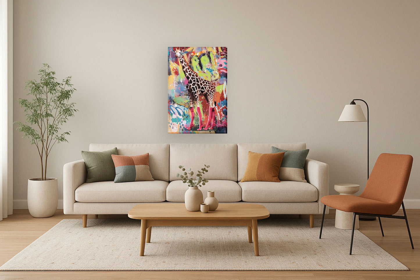 Neon Boots Giraffe - 47" x 32" Framed Wall Art - Dark Brown