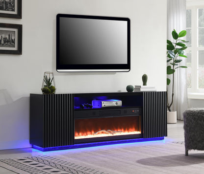 W038-TV - Fire Place TV Stand With Bluetooth Speaker, Heater, 7 Colors Colors, RGB Downlight, RGB LED Lights - Black