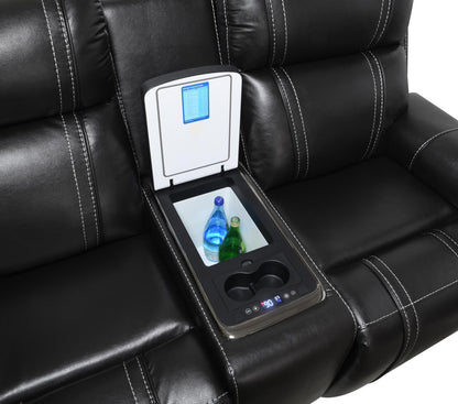 U68 - LED Power Reclining Loveseat With Console & Fridge,Wireless Charger, With Vibrator Arms - Black