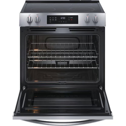 Cocina eléctrica deslizable de 30 pulgadas con 5 quemadores y control frontal, con limpieza a vapor, en acero inoxidable