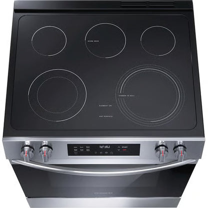 Cocina eléctrica deslizable de 30 pulgadas con 5 quemadores y control frontal, con limpieza a vapor, en acero inoxidable