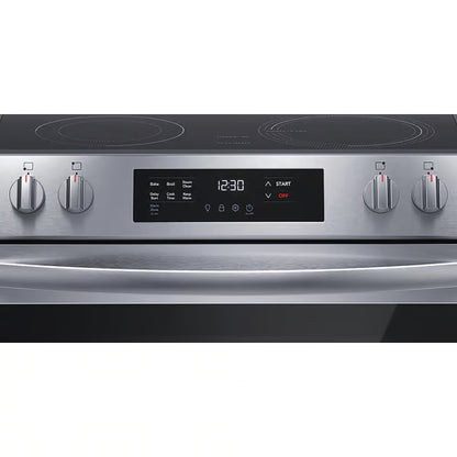 Cocina eléctrica deslizable de 30 pulgadas con 5 quemadores y control frontal, con limpieza a vapor, en acero inoxidable