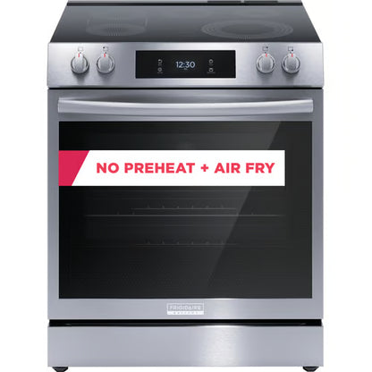 Cocina eléctrica deslizable de 30 pulgadas y 6,2 pies cúbicos con 5 quemadores, con convección total y freidora de aire, de acero inoxidable a prueba de manchas