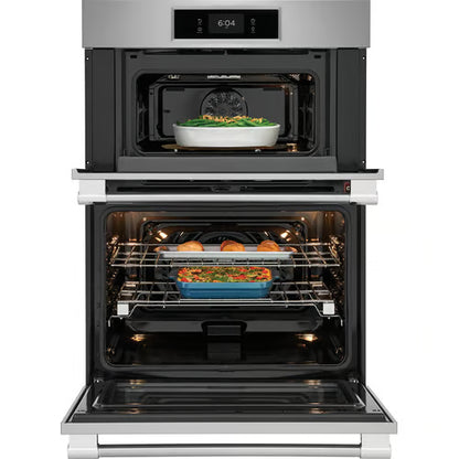 Horno de pared eléctrico profesional de 30 pulgadas y microondas combinado en acero inoxidable con convección total y freidora de aire.